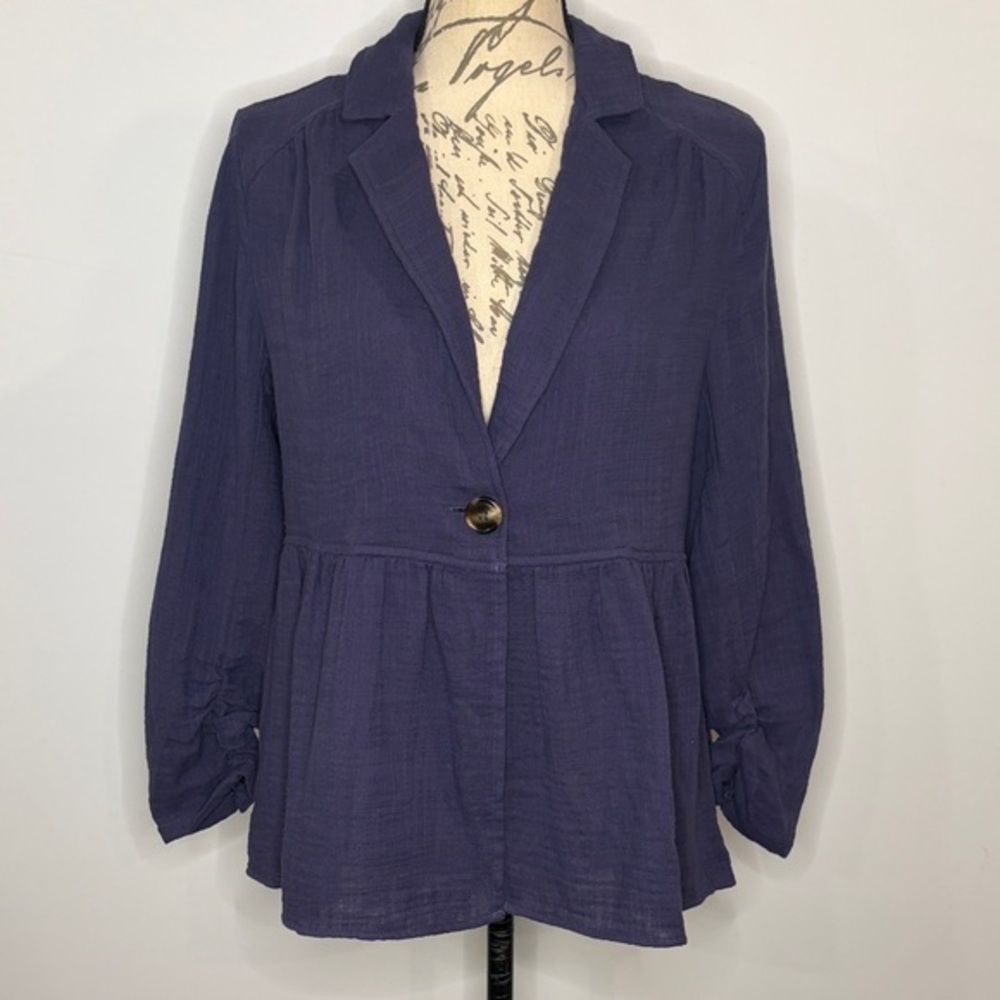 NWT Doe & Rae cotton gauze one button jacket ruched sleeve notch collar navy S